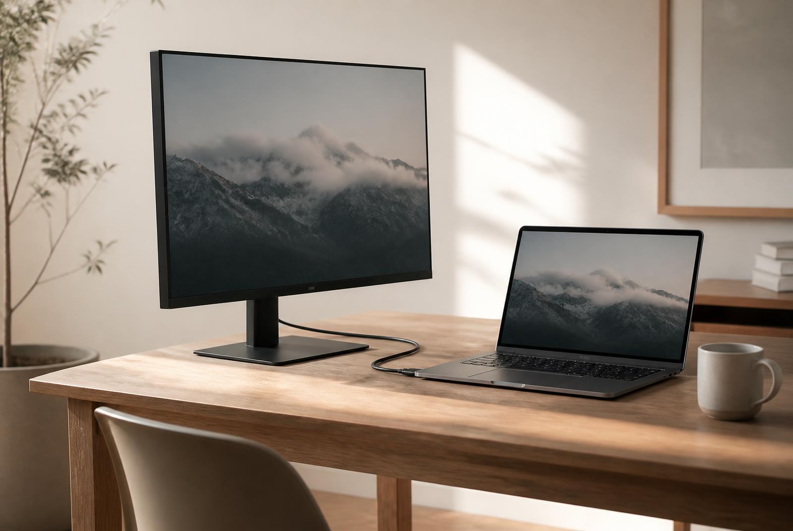 Laptop connected to an external monitor by a single braided cable on an oak desk